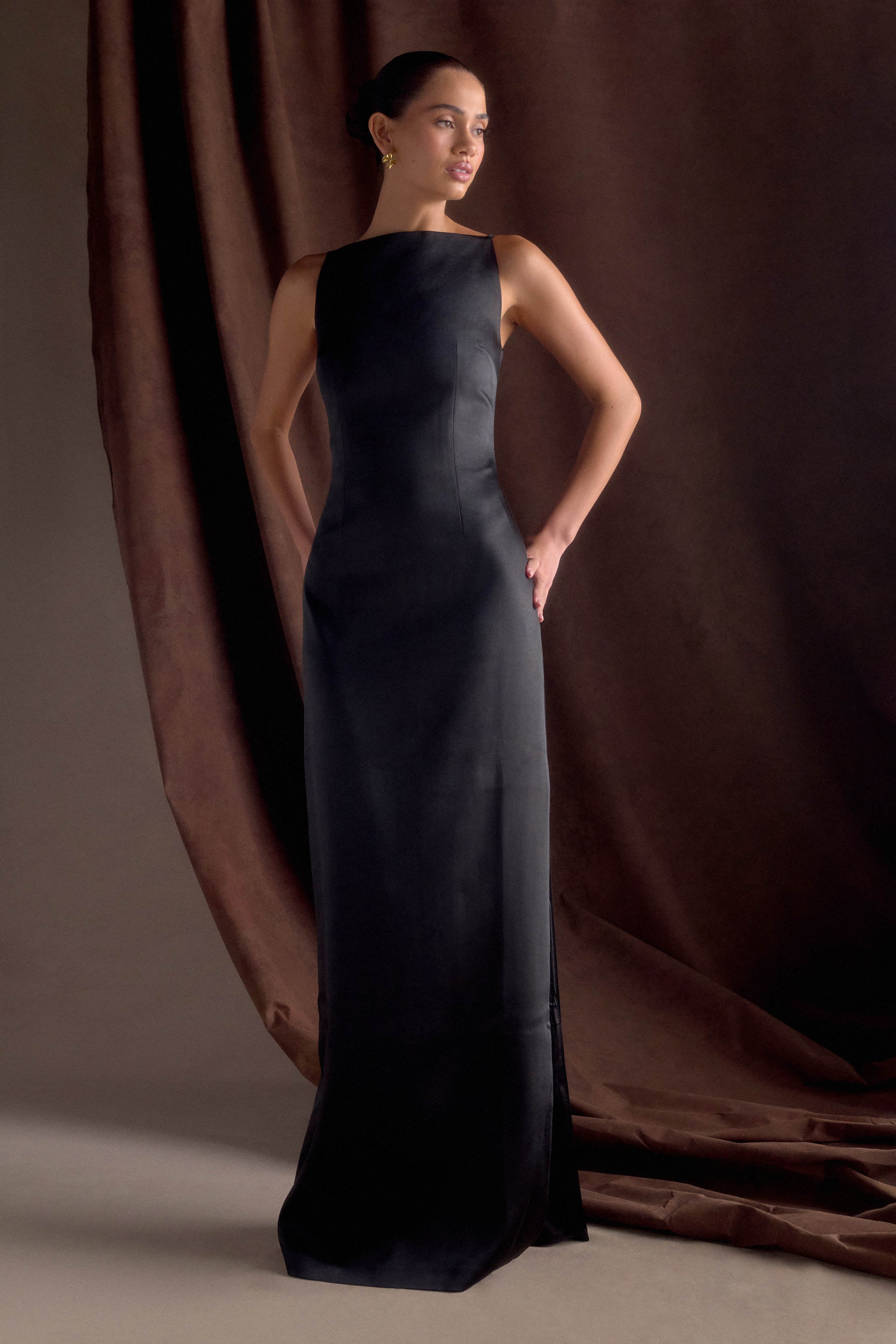 Violet Sleeveless Satin Maxi Dress - Black