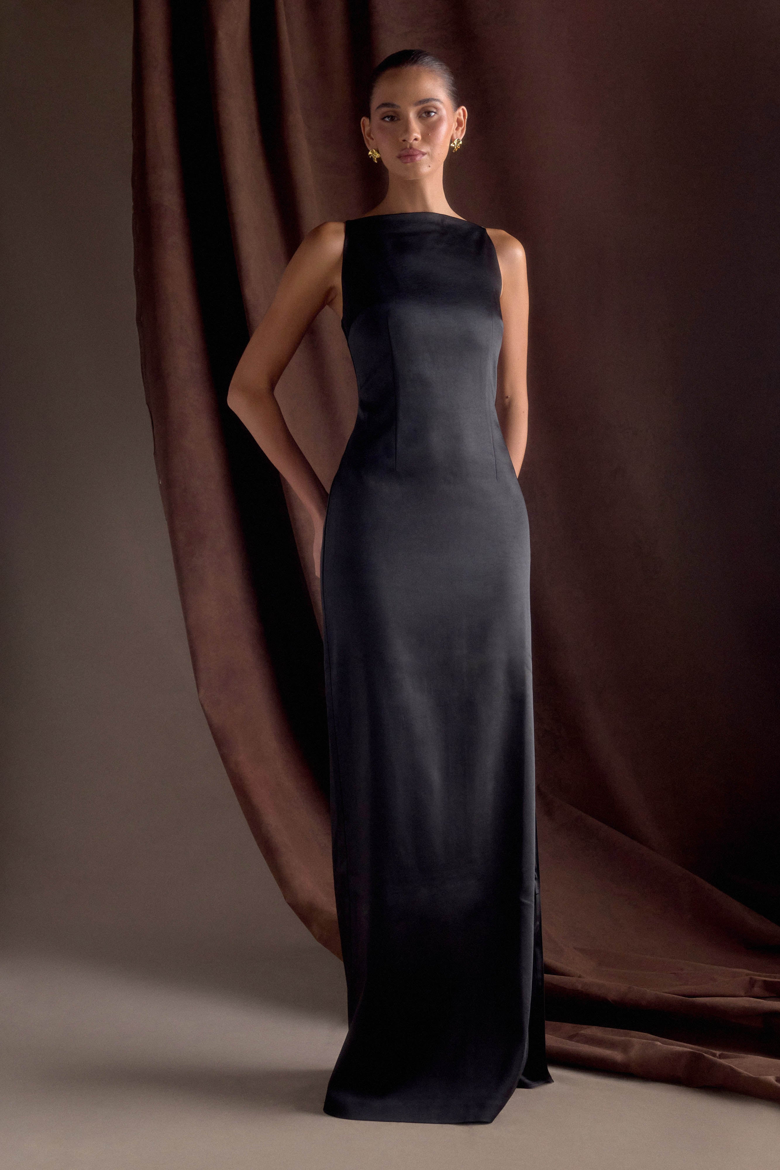 Violet Sleeveless Satin Maxi Dress - Black