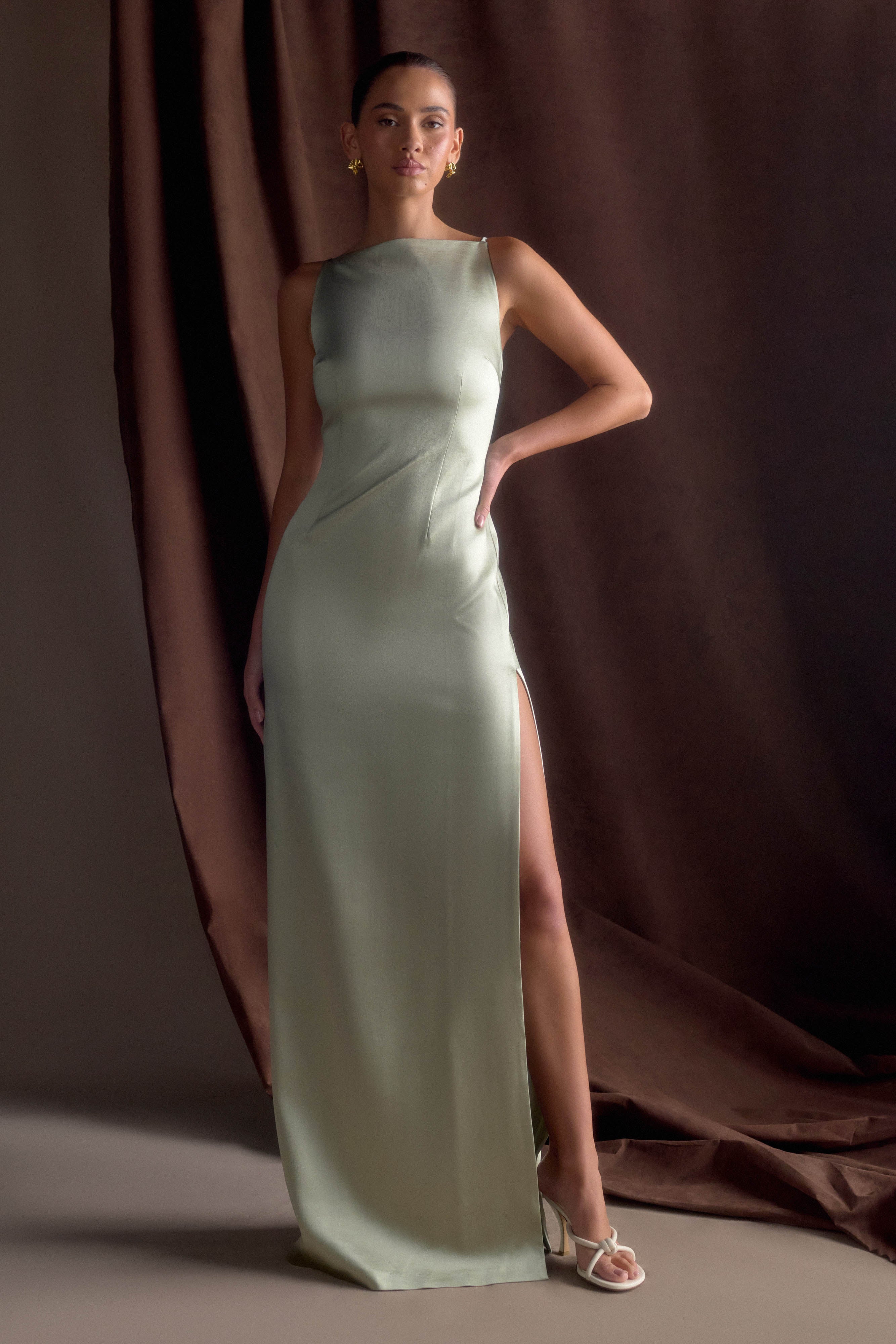 Violet Sleeveless Satin Maxi Dress - Sage