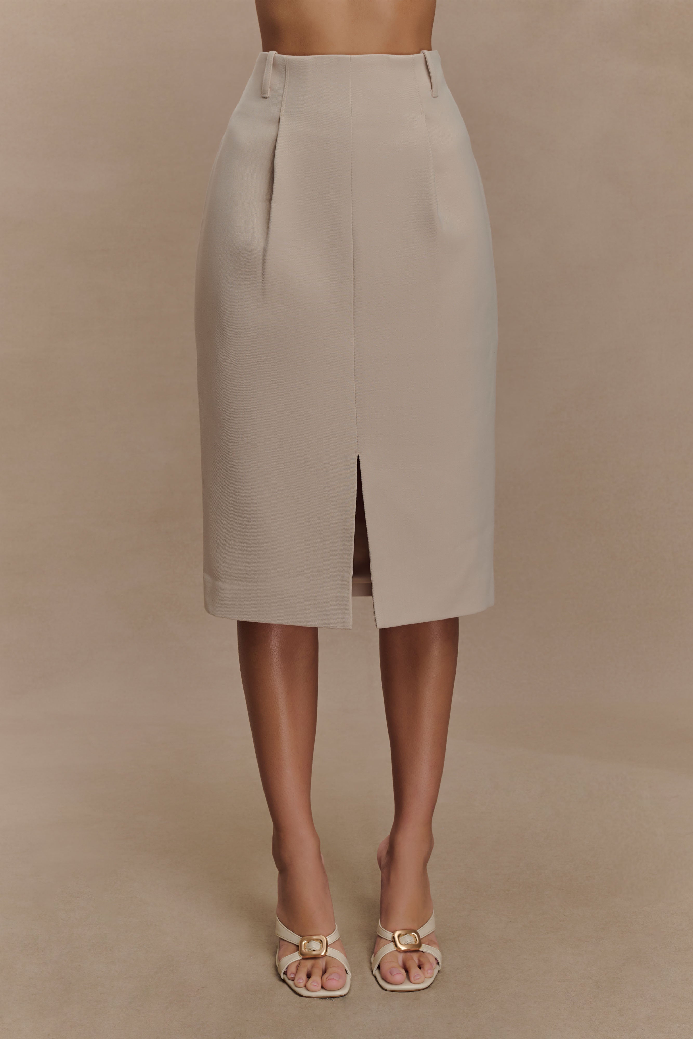 Vera Suiting Split Front Midi Skirt - Ivory Stone
