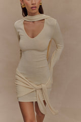 Taron Knit Mini Dress With Scarf - Cream