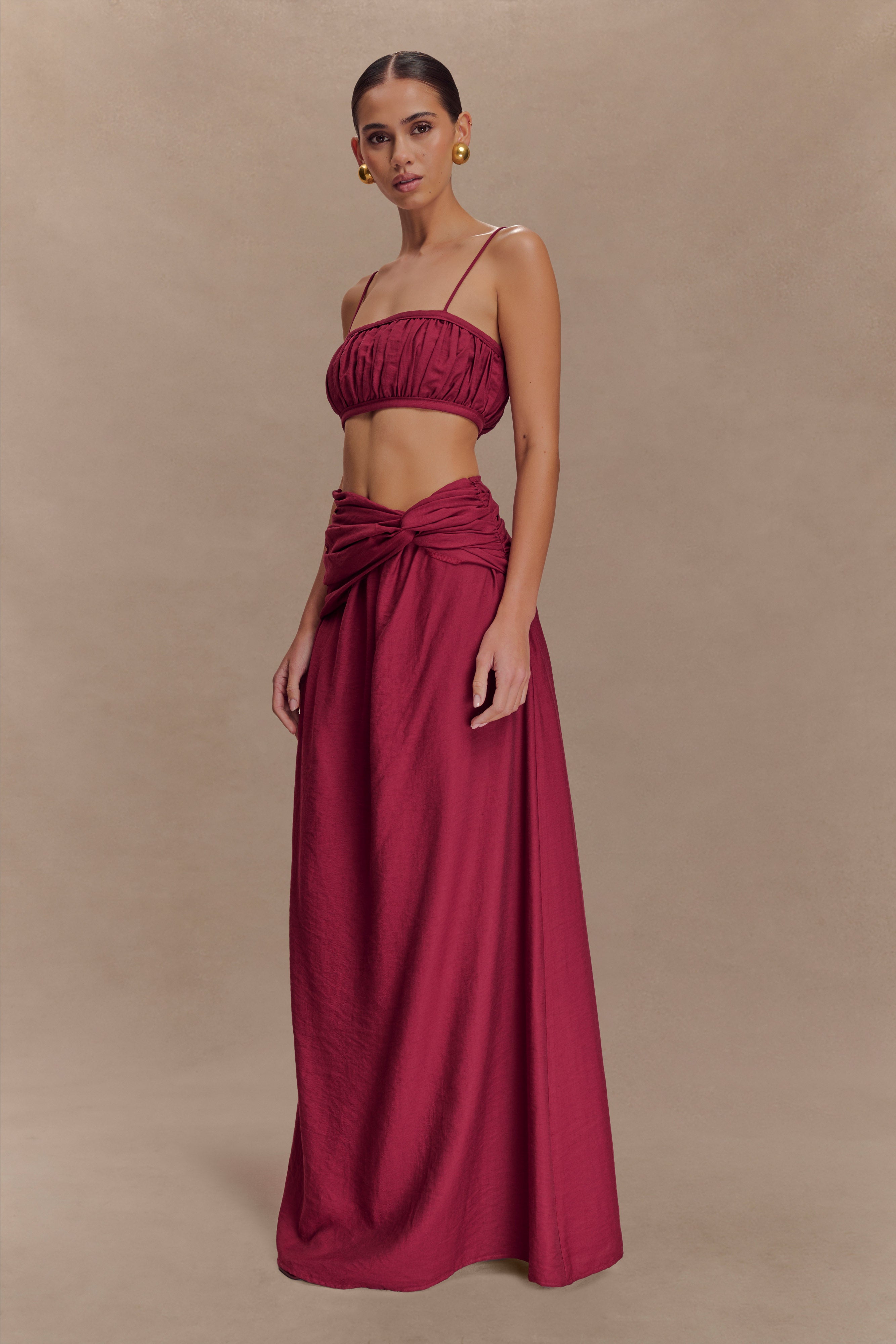 Scottie Gathered Linen Knot Maxi Skirt - Wine