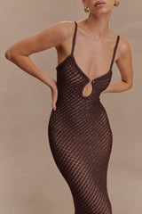 Raelynn Metallic Knit Fringe Midi Dress - Dark Chocolate