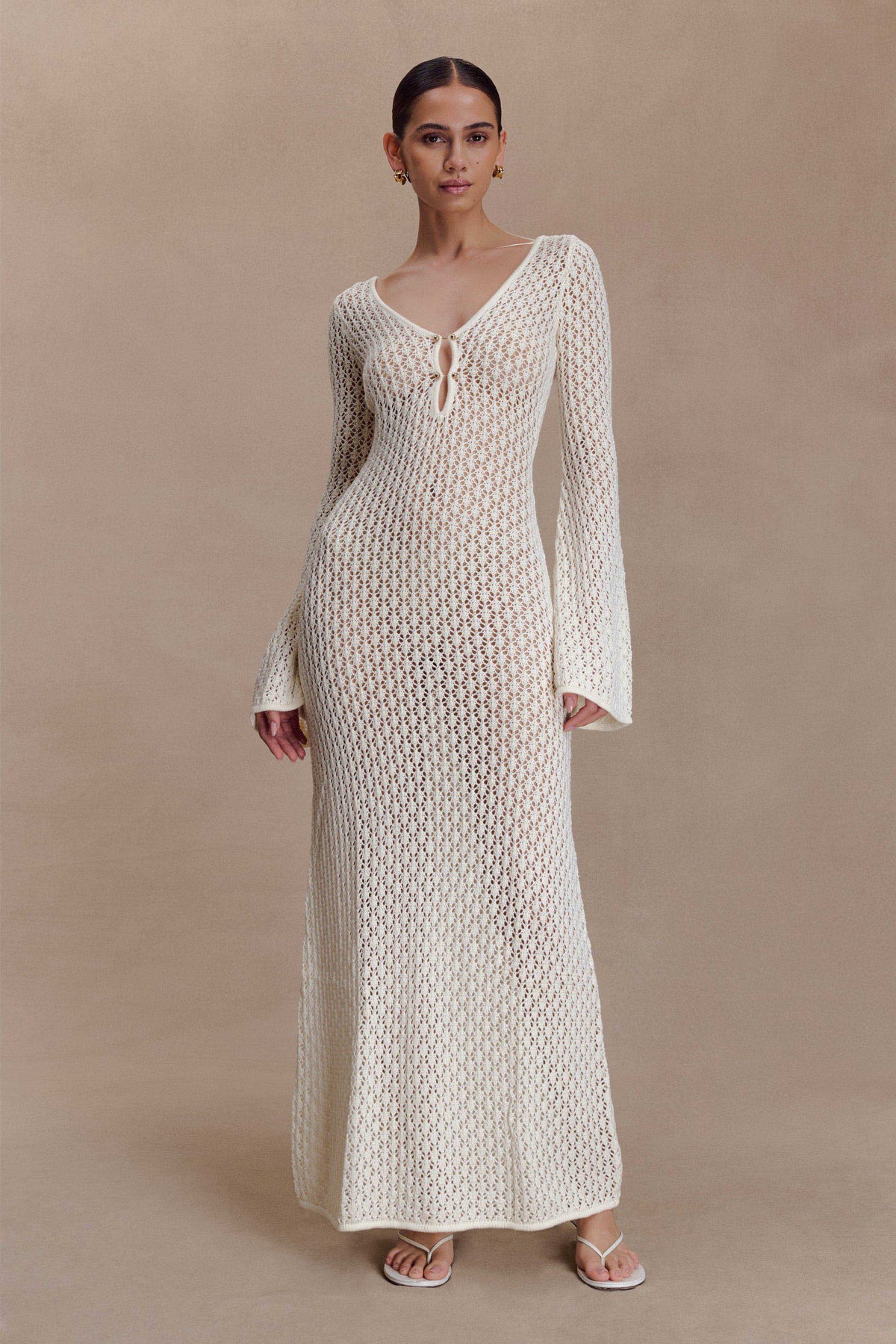 Kayleigh Crochet Fishtail Flare Sleeve Maxi Dress - White